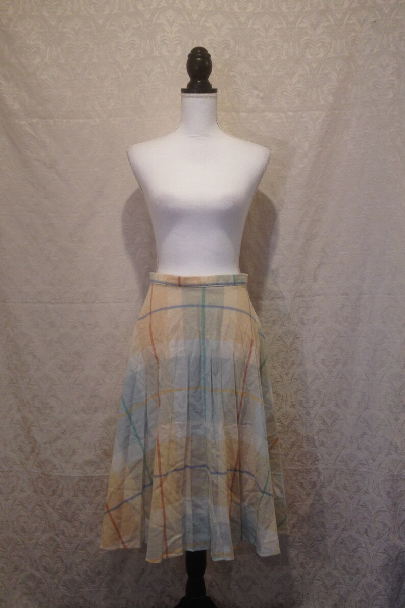 1950s 60s 70s Pastel Plaid A Line Pleated Midi Skirt Wool Winter Fall Holiday Mod Gogo Formal Cute Dressy Swing Beatnik M