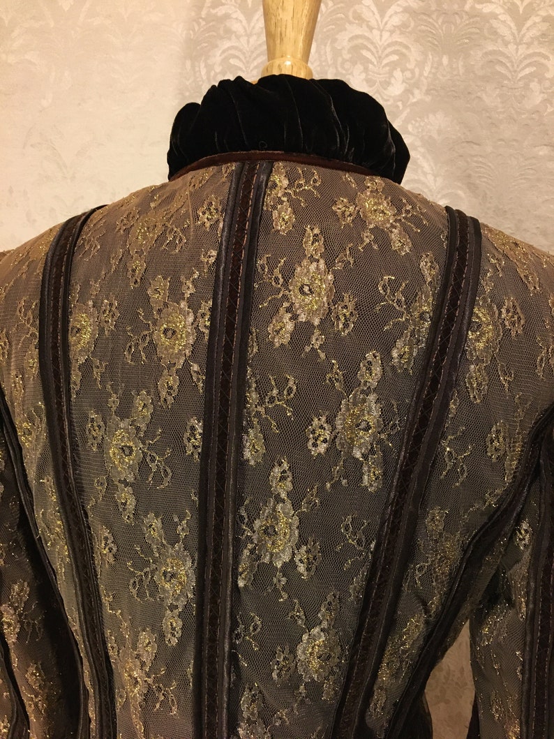 1990s Gold /& Brown Romantic Sparkly Lace Renaissance Victorian Couture Chic Velvet Collared Spring Fall Jacket Medieval Women/'s SM