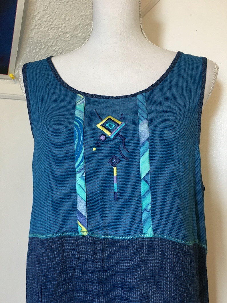 1990s Blue Sleeveless Maxi Jumper Dress Grid Hippie Pastel Geometric Art Embroidered Women/'s ML