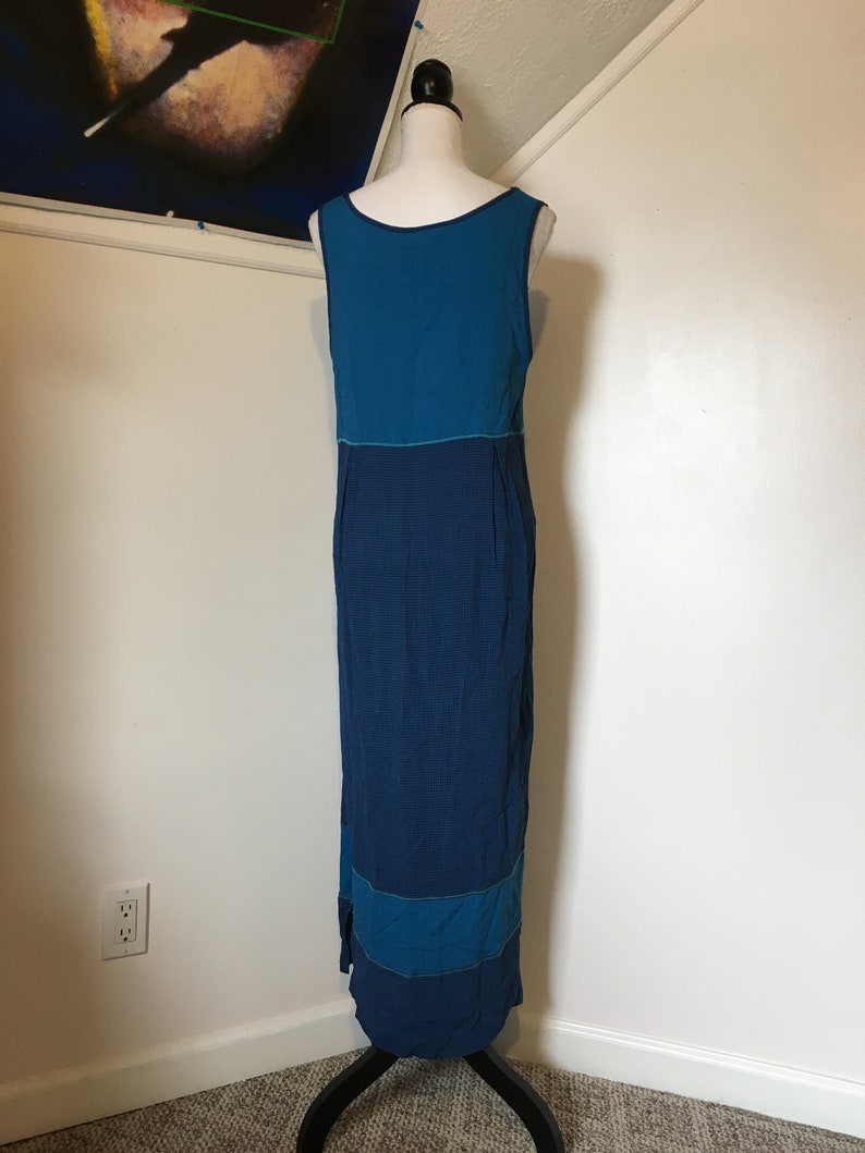 1990s Blue Sleeveless Maxi Jumper Dress Grid Hippie Pastel Geometric Art Embroidered Women/'s ML