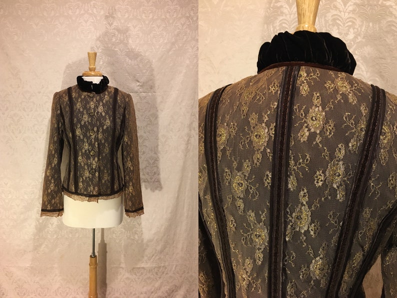 1990s Gold /& Brown Romantic Sparkly Lace Renaissance Victorian Couture Chic Velvet Collared Spring Fall Jacket Medieval Women/'s SM