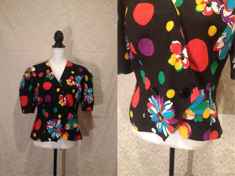 1980s Balloon Sleeve Princess Puff Tee Blouse Rainbow Polka Dot Black Floral V Neck Asymmetrical Halloween Party Formal SM