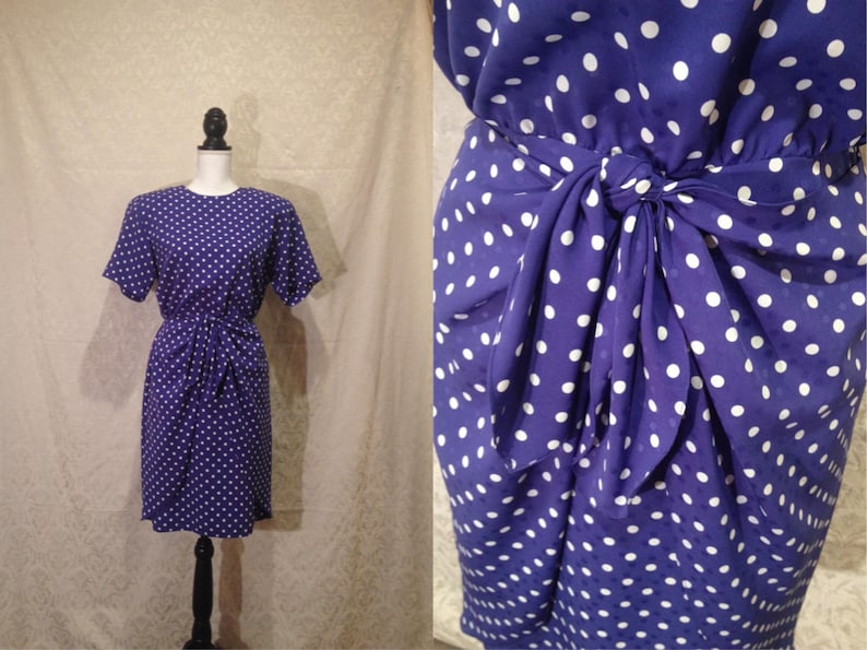 1980s Does 50s Purple White Polka Dot Layered Tee Midi Dress Bow Halloween Formal Mod Shoulder Pads Evening Spring Ditsy 40s 60s S-M