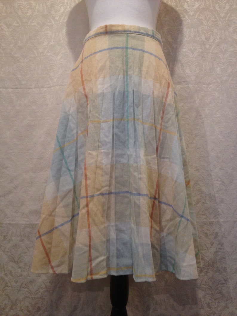 1950s 60s 70s Pastel Plaid A Line Pleated Midi Skirt Wool Winter Fall Holiday Mod Gogo Formal Cute Dressy Swing Beatnik M