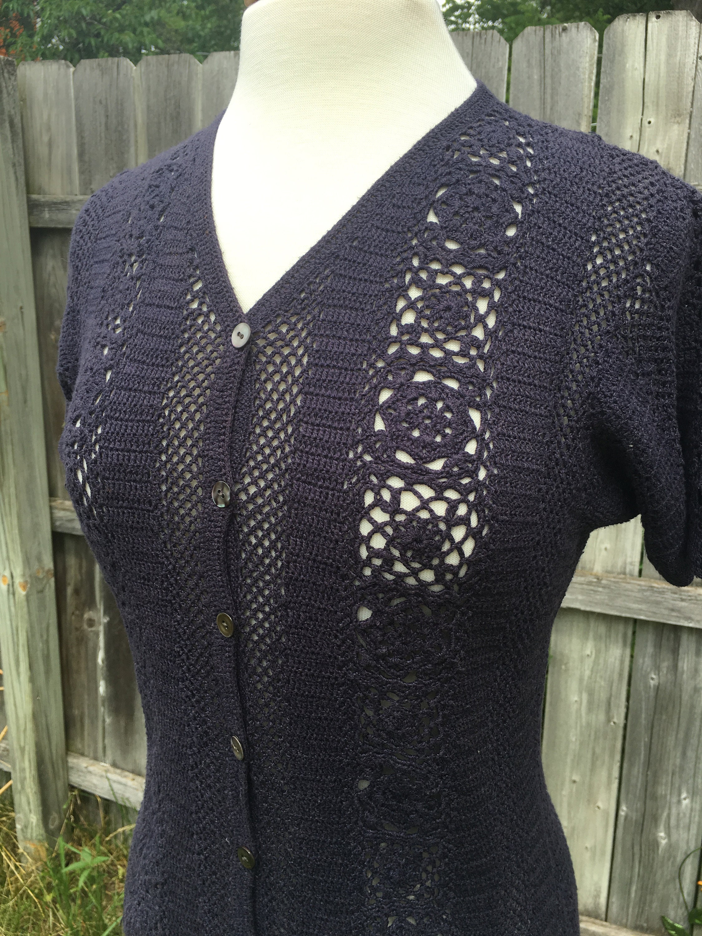 1990s Laura Ashley Navy Purple Crochet Button up Short Sleeve - Etsy