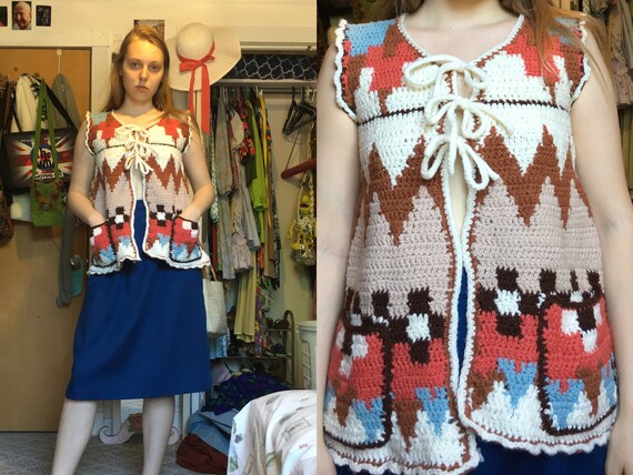 1970s Handmade Crochet Aztec Vest Native American