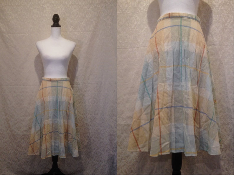 1950s 60s 70s Pastel Plaid A Line Pleated Midi Skirt Wool Winter Fall Holiday Mod Gogo Formal Cute Dressy Swing Beatnik M