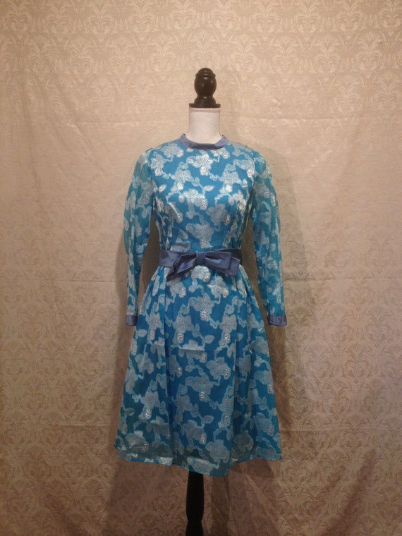 1960s Neiman Marcus Blue Metallic Floral Mini Dress F… - Gem