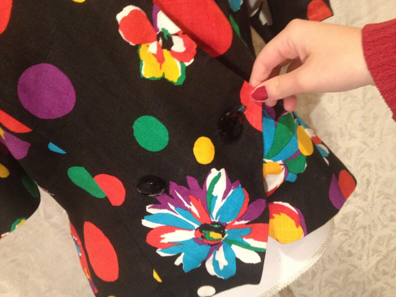 1980s Balloon Sleeve Princess Puff Tee Blouse Rainbow Polka Dot Black Floral V Neck Asymmetrical Halloween Party Formal SM