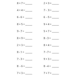 Pode incluir: Uma folha de trabalho branca com texto preto com problemas básicos de matemática de adição e subtração. Os problemas incluem equações como 8 + 7 = __ e 2 + 3 = __, projetados para fins educacionais.