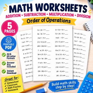 May include: A set of five printable PDF math worksheets featuring addition, subtraction, multiplication, and division problems focused on the order of operations. The pages include blank lines for answers, with text indicating A4 and US Letter formats.