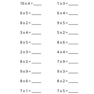 Op de afbeelding: Een wit werkblad met vermenigvuldigingssommen. De sommen bevatten vergelijkingen zoals 1 x 1 = ?, 2 x 2 = ?, en 10 x 4 = ?. Het werkblad is bedoeld voor educatieve doeleinden.