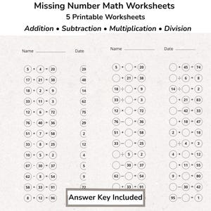 Peut inclure: Cinq feuilles d'exercices de mathématiques imprimables intitulées Missing Number Math Worksheets avec des problèmes d'addition, soustraction, multiplication et division, des cercles vides pour les nombres manquants et un corrigé inclus.