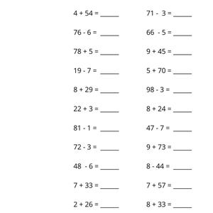 May include: A white worksheet with addition and subtraction math problems. The problems include equations like 88 + 7 = __ and 22 + 3 = __. The worksheet is designed for educational purposes.