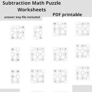 May include: A PDF printable worksheet with subtraction math puzzles. The black and white worksheets include various subtraction problems with answer keys. The title "Subtraction Math Puzzle Worksheets" is at the top.