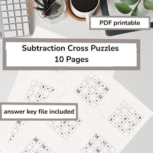 Puede incluir: Un conjunto de rompecabezas de resta cruzada imprimibles en papel blanco, con diez páginas de problemas matemáticos con cuadrículas, números y símbolos. El texto dice PDF printable, Subtraction Cross Puzzles 10 Pages, answer key file included.