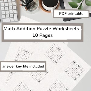 Op de afbeelding: Wiskunde optellen puzzel werkbladen met 10 pagina's, inclusief een antwoordsleutelbestand. De werkbladen bevatten optelproblemen in een puzzelformaat, ontworpen voor educatieve doeleinden.
