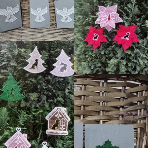 Puede incluir: Surtido de adornos navideños hechos a mano con varios diseños, incluyendo ángeles, árboles, casas y campanas. Cada adorno está intrincadamente detallado con patrones de encaje y presenta una pequeña silueta de animal.