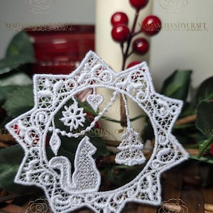 May include: White lace Christmas ornament featuring a squirrel, snowflake, and a heart hanging from a string of bells. The ornament is in the shape of a star.
