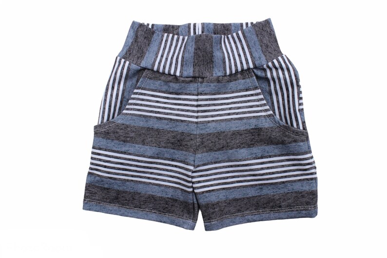 Boy or Girl Baby or Toddler Shorts with Pockets Denim Look Stripes in Blue and Grey image 3