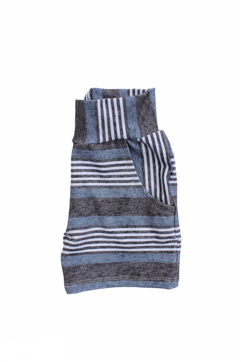 Boy or Girl Baby or Toddler Shorts with Pockets Denim Look Stripes in Blue and Grey image 4