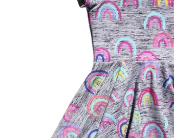 Baby or Toddler | Girl | Short Sleeve Twirly Dress | Rainbows on Grey