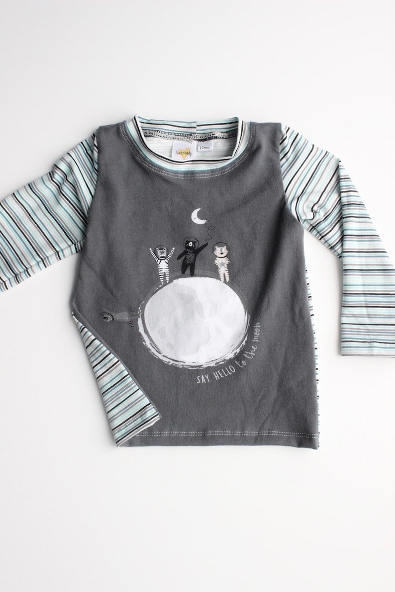 Baby Boy or Girl Clothing Set Animals in Space on Grey Long Sleeve Shirt Striped Cuff Pants in Blue and White