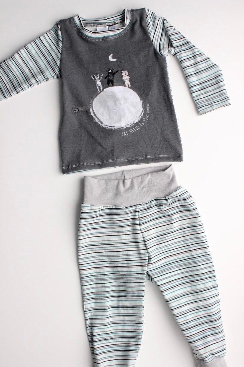 Baby Boy or Girl Clothing Set Animals in Space on Grey Long Sleeve Shirt Striped Cuff Pants in Blue and White