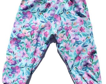 Baby Girl Watercolour Purple Floral on Teal Cuff Pants, Joggers