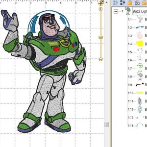 Op de afbeelding: Een geborduurd ontwerp van Buzz Lightyear uit de Toy Story-franchise, in groen en wit. Het ontwerp bevat details zoals Buzz' helm, zijn ruimte-rangerpak en zijn beroemde zin: "Tot in het oneindige en verder!"