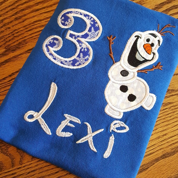 Frozen Olaf Disney Elsa and Anna favorite Snowman Custom Birthday Shirt - Any Name or Birthday Number on your Embroidery and Appliqué gift.