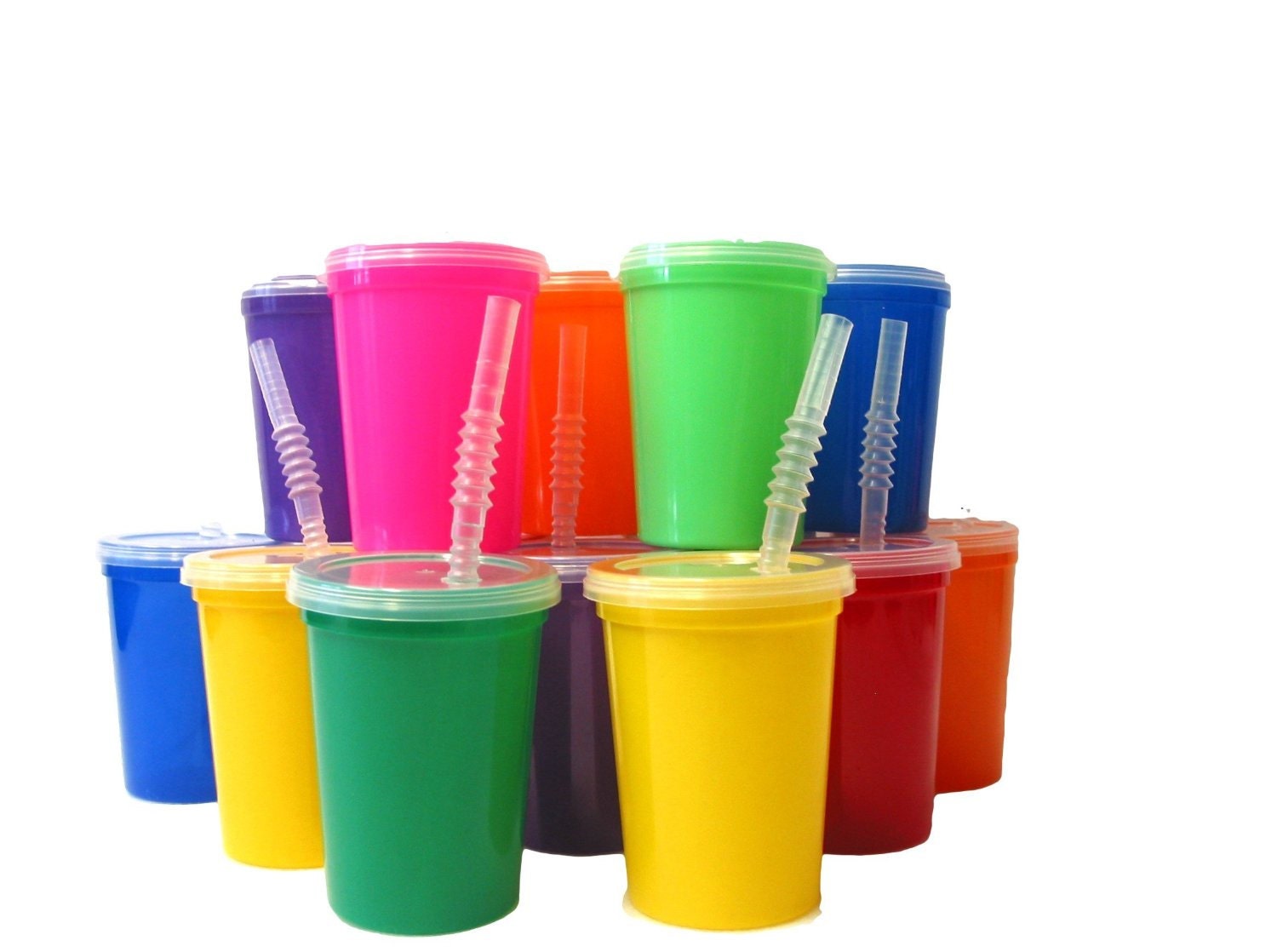 Youngever 7 Sets 11OZ Plastic Kids Cups with Lids and Straws - Pink