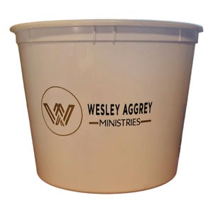 May include: White plastic bucket with a gold logo that says "Wesley Aggrey Ministries" and a stylized "W" inside a circle.