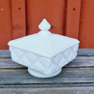 Westmoreland milk glass square candy dish - &quot;Old Quilt&quot; pattern.