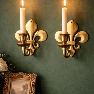 Pair Brass Wall Sconces Fleur de Lis, Vintage Candle Holders, French Style Wall Decor, Gold Tone Wall Lights