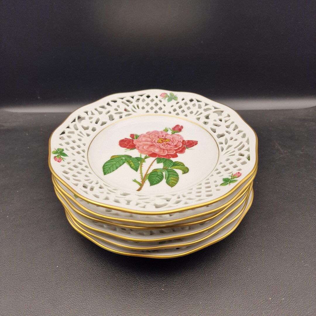 Set of 6 Schumann Arzberg Dessert Plates – Pierced Rim, Gilded Rose ...
