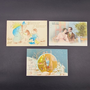 3 belles cartes postales lithographiques antiques/vintage de voeux de Noël suédois - vintage scandinave