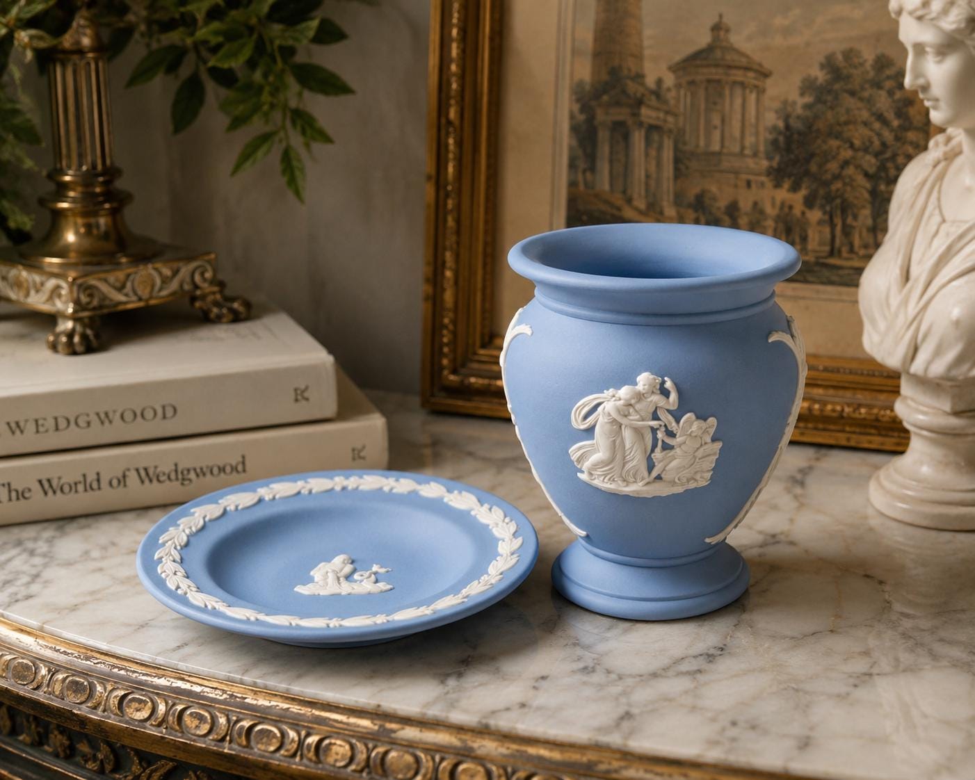 Wedgwood Jasper Ware Urn & Trinket Dish Pale Blue England