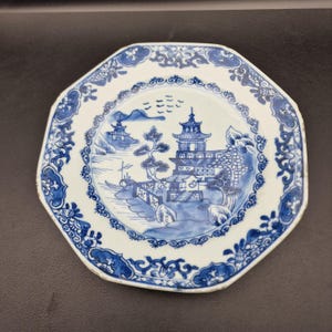 18th Century Chinese Export Porcelain Plate - Blue & White Pagoda Scene - Qianlong Period - Antique Octagonal Plate