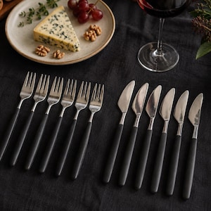 Vintage Sigurd Persson Servus Black Flatware Set, 12 Pieces, Swedish Mid Century Modern Dessert Cutlery, Stainless Steel and Black Handles