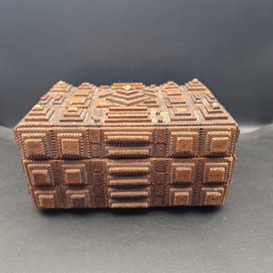 Antique Tramp Art Box with Red Interior | Late 19th Century Folk Art Chest | Layered Wood Carving with Geometric Motifs