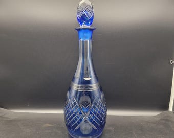 Vintage Bohemian Cut to Clear Decanter – Cobalt Blue Crystal, 1950s Czech Glass, 36 cm