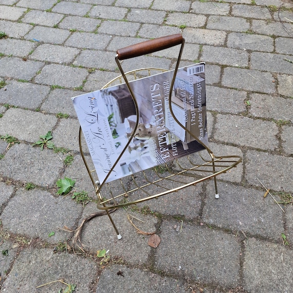 Vintage 1950s Brass Magazine Rack – Mid-century Modern Wire Design
