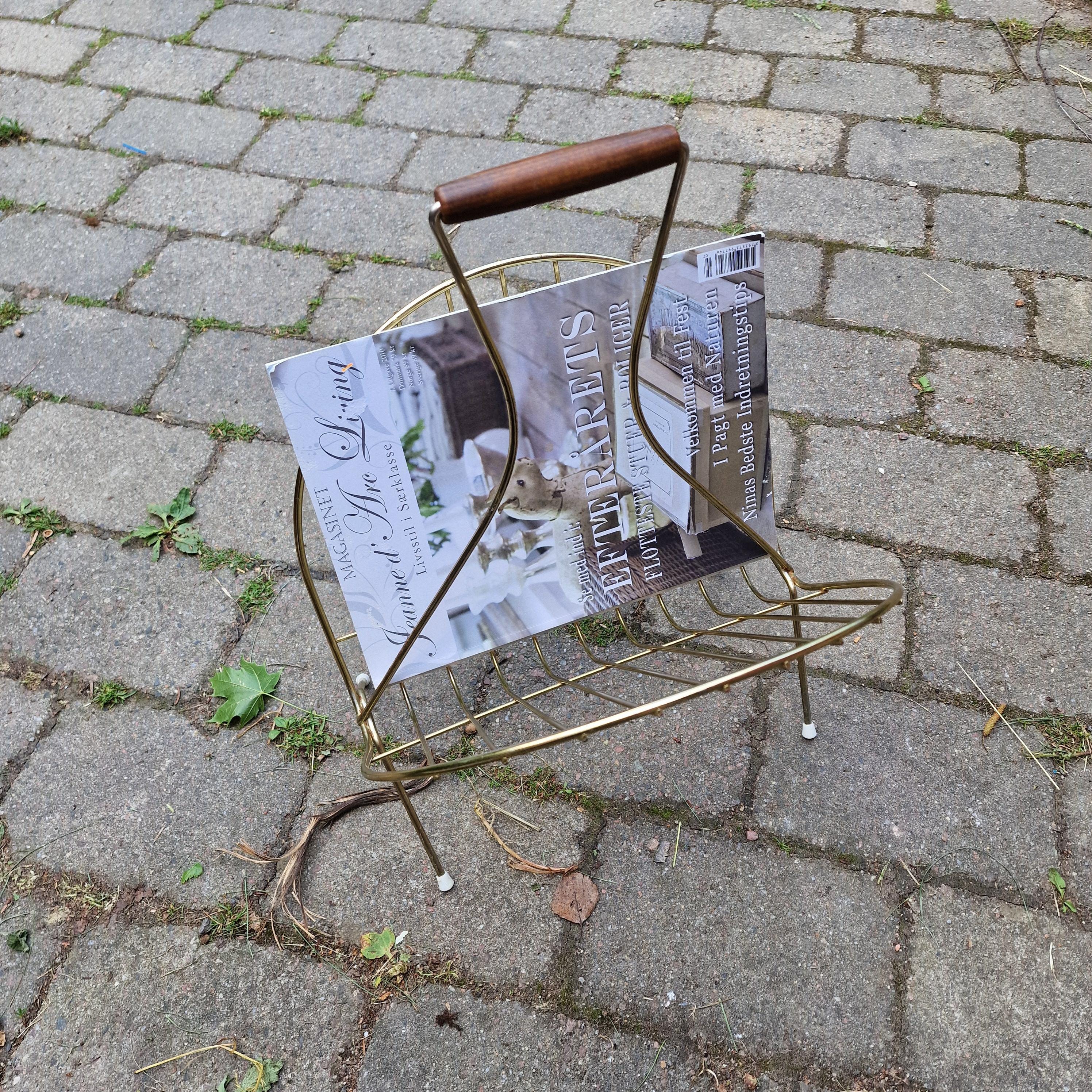 Vintage 1950s Brass Magazine Rack – Mid-century Modern Wire Design