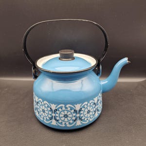 Op de afbeelding: Een blauwe emaille theepot met een wit bloemenmotief en een zwart handvat. De theepot heeft een zwart deksel met een knop.