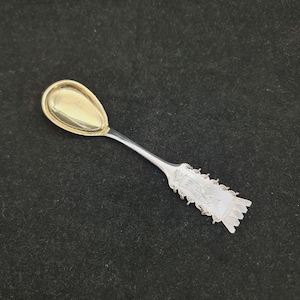 May include: A silver teaspoon with a gold-plated bowl. The handle is decorated with an intricate design.