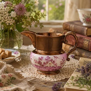 May include: A ceramic creamer pitcher featuring a metallic bronze upper section and a white lower base decorated with a pink landscape scene of a house and trees. The pitcher has a curved handle and a wide pouring spout with a pedestal base.
