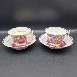 Antique Sunderland Pink Lustreware Teacup & Saucer Set – Circa 1825 – Hand-Colored Chinoiserie Scene
