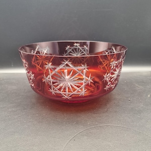 Bohemian Cut to Clear Crystal Bowl – Ruby Red Hand Cut Glass – Vintage Art Glass – Large 21 cm Diameter