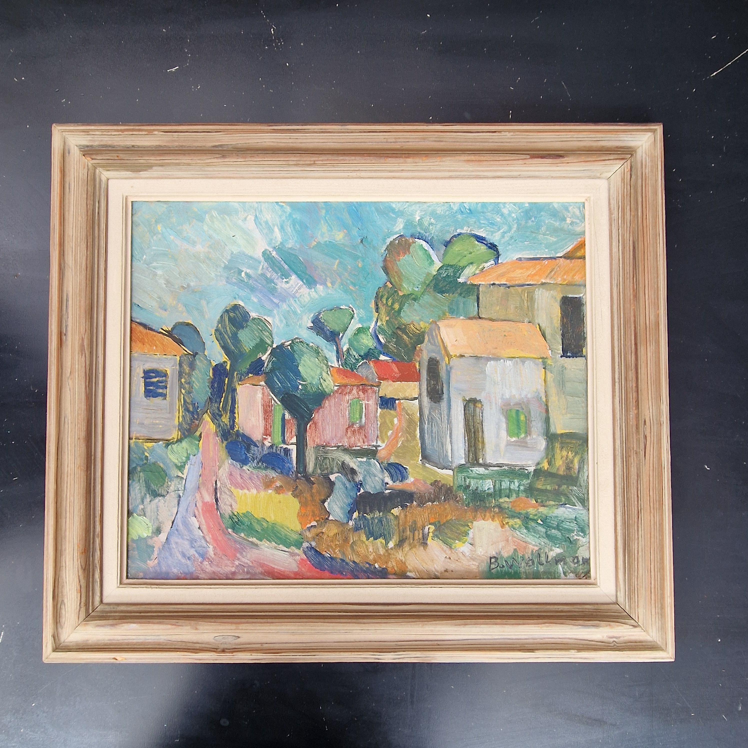 Colorful Mid-Century Oil Painting by Bertil Wallman – Swedish Village Landscape, Signed Original Art